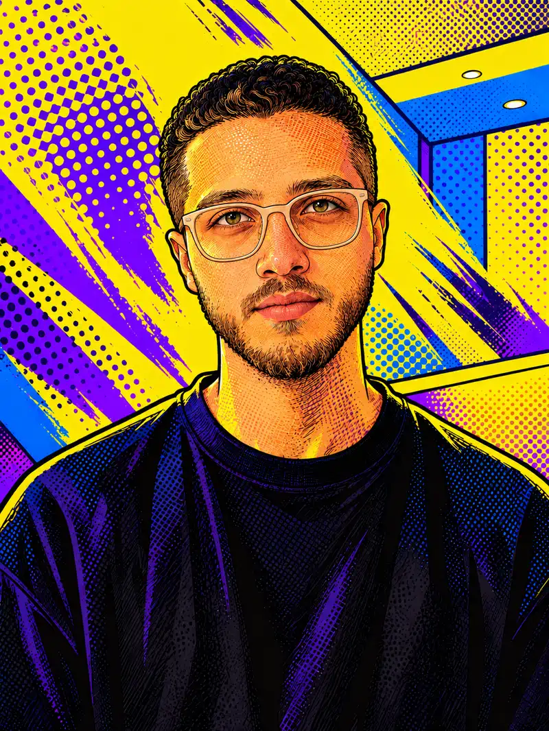 Comic-style illustrated portrait of Mohammed Abubaker